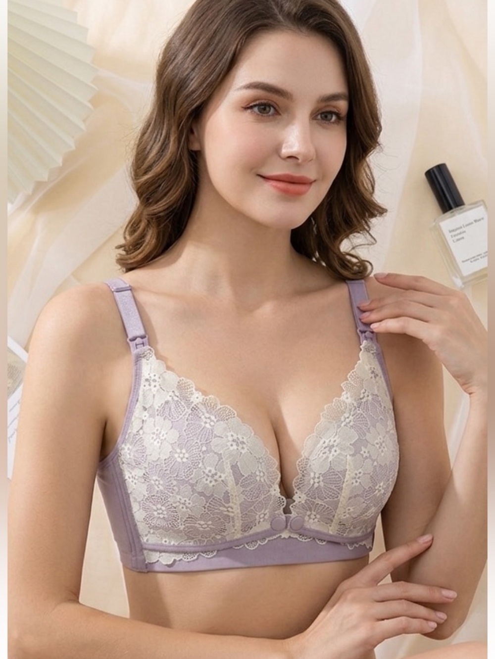 NWT Maternity Nursing Bra Small Lilac Cream Lace Snap Front Adjustable